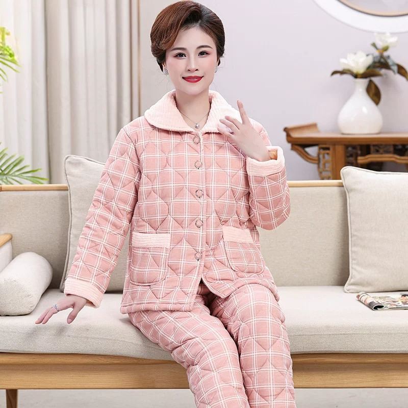 中老年女加厚3层夹棉保暖家居服