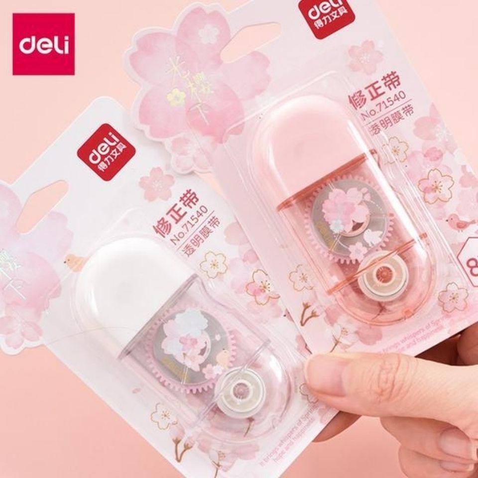 得力樱花修正带8米装涂改带学生用品改正带5mm宽PET透明带芯批发