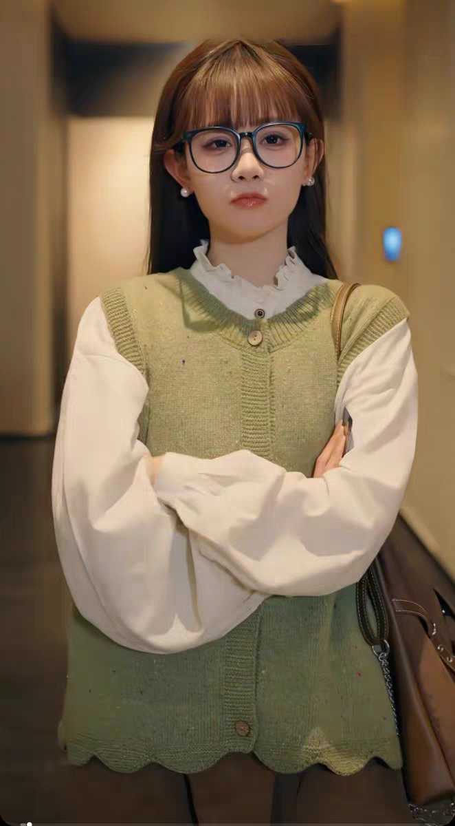 时光来电向暖而生苏盈盈同款文艺圆领绿色马甲衬衫半裙三件套女