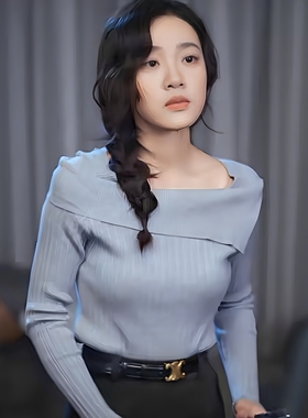 短剧全世jie最爱我的她祁鲸落同款灰色一字肩针织衫上衣2025新款