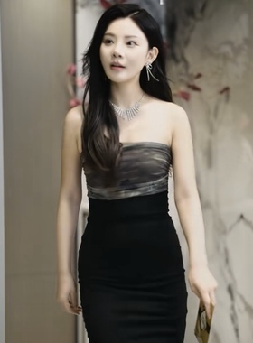 短剧坠钗引鱼林娇娇同款黑色拼接性感辣妹名媛包臂连衣裙2025新款