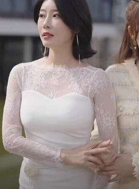 短剧你是我唯yi的心动顾冉冉同款白色蕾丝拼接长袖连衣裙女2025新