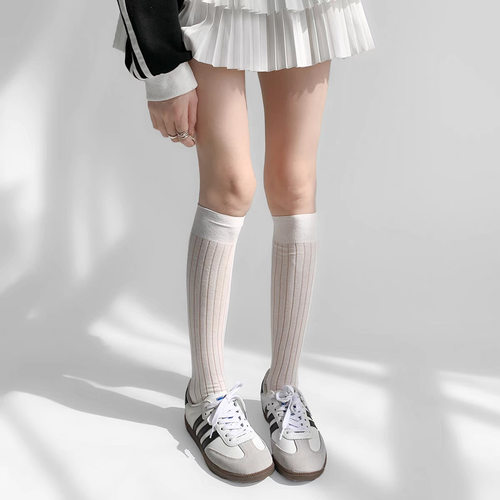 White Striped JK Slouch Socks, Thin Cotton Knee High Socks
