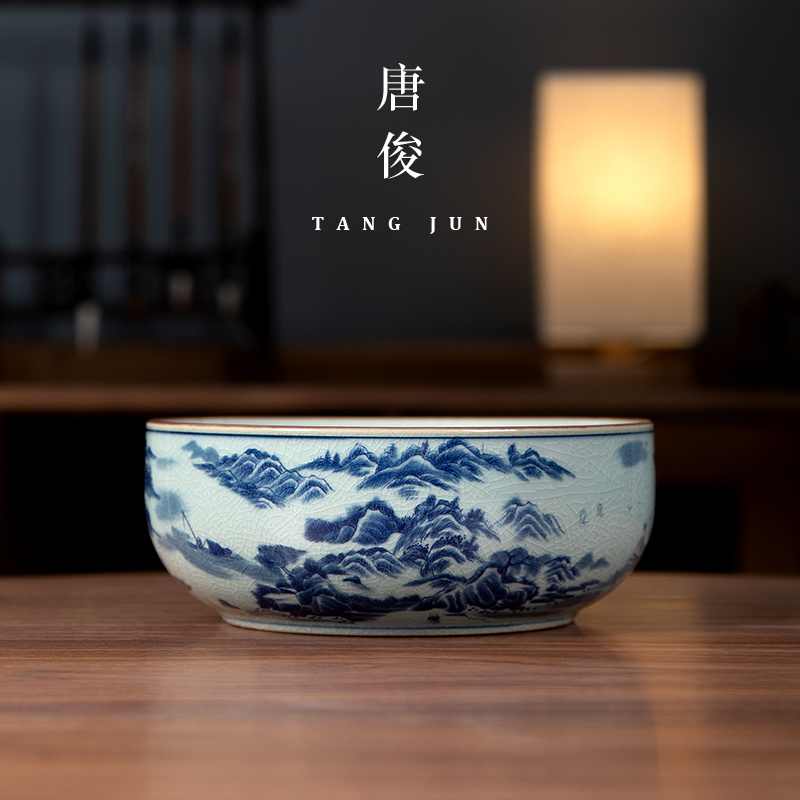 笔洗青花瓷茶具配件洗茶碗茶道零配水盂水洗景德镇中式复古杯洗