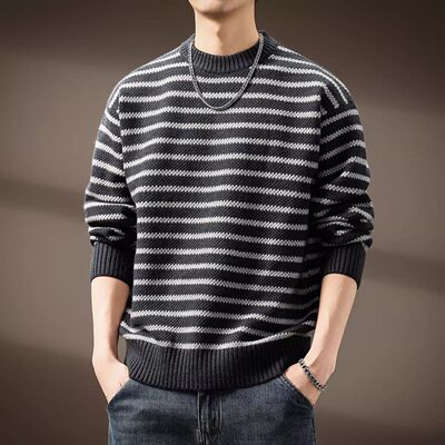 圆领毛衣男士条纹宽松2025新款秋冬季线衣ins潮流宽松打底针织衫
