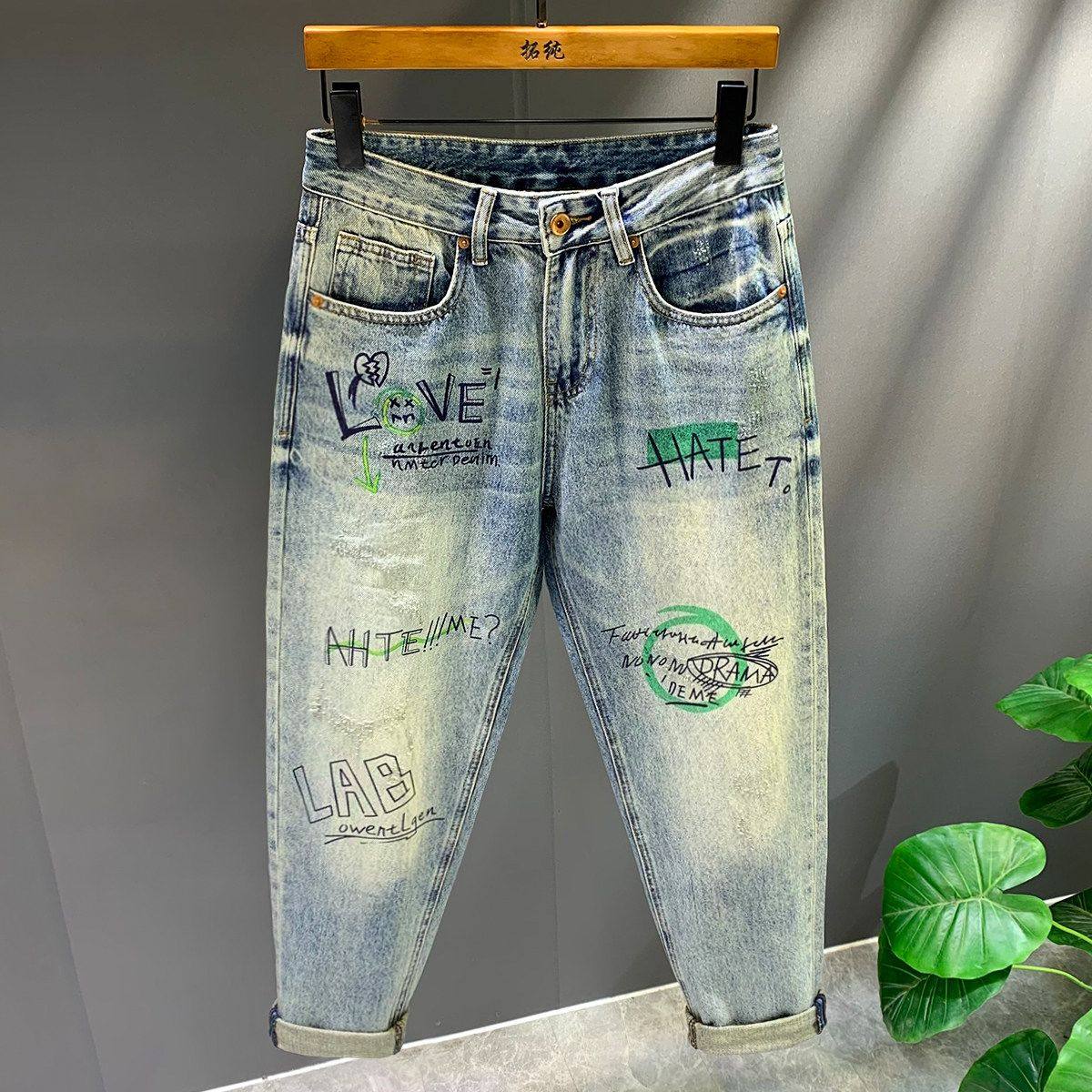 美式高街潮流涂鸦印花微跨哈伦牛仔裤男士复古做旧刮烂痞帅长裤子,男装,牛仔裤,淘宝优惠券,粉丝福利购,淘宝优惠卷