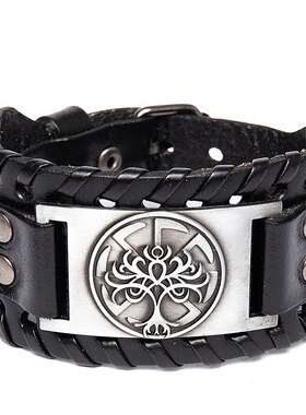 维京生命之树图腾合金皮手链Temu热卖北欧符文宽皮手镯男士朋克