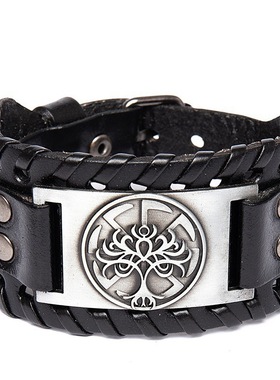 Temu热卖北欧符文宽皮手镯 维京生命之树图腾合金皮手链 男士朋克