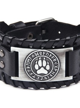 Temu热卖熊掌编织pu皮革手环欧美朋克风北极熊动物造型手链男