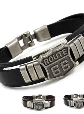 Temu热卖跨境个性66皮手链男款朋克复古PU时尚饰品手链