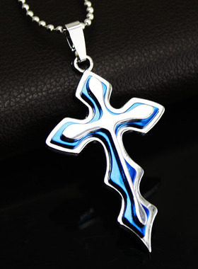 新款推荐 男士十字架项链 蓝色波浪不锈吊坠钢外贸