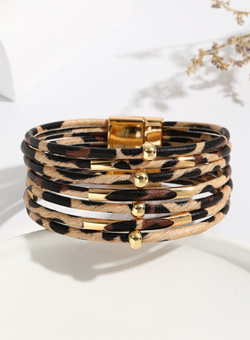 跨境爆款豹纹磁铁扣新款手链女性皮革开心铜管穿珠pu多层手环手镯