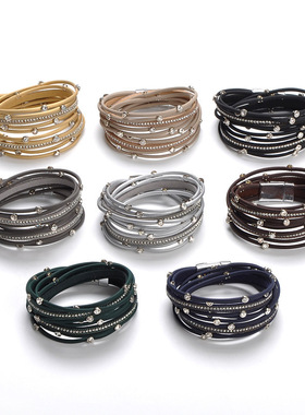 跨境 欧美多层长款镶钻皮革缠绕手链 个性磁扣双圈女士时尚PU手环