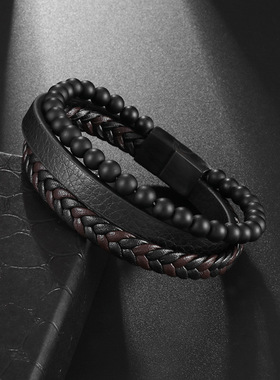 龙和天然石磨砂石皮手链多层男士皮革编织手镯