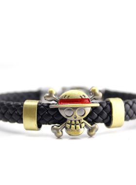 路飞手办海盗海贼骷髅标志手链男款潮流编织皮绳手饰