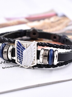 Temu热卖动漫周边进击的巨人皮锌合金滴油彩色手工编织皮手链