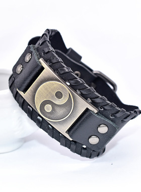 欧美复古八卦宽皮真PU皮手链 男士调节表带扣头编织表带扣手链