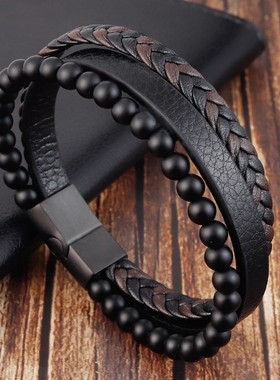 Temu热卖跨境天然石火山石皮手链多层男士皮革编织手镯