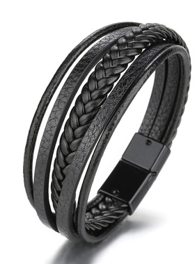 亚马逊热卖外贸多层手工编织手链男士欧美饰品皮绳磁吸复古手镯