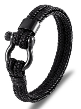 欧美手链 男士真皮编织钛钢手环 马蹄扣不锈钢饰品手环手镯