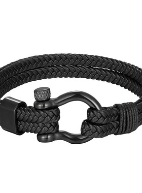 2023年欧美风格不锈钢马蹄扣潮牌多层编织皮手链