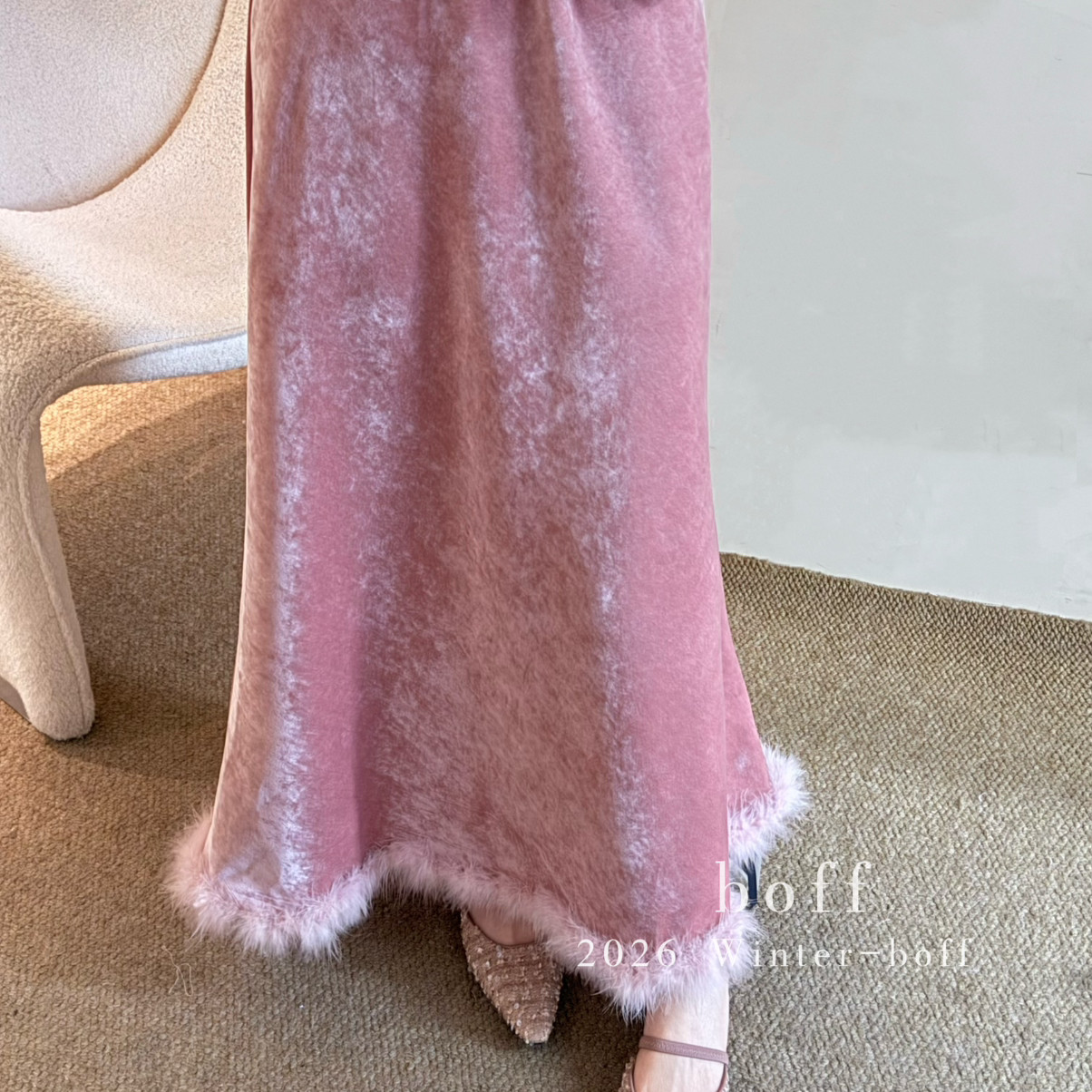 新中式冬上新气质小女人精致高级冰花绒立体鸵鸟毛半身裙