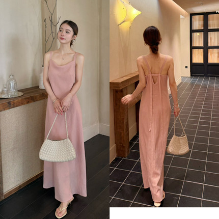松弛感纯色苎麻露背设计宽松显瘦吊带连衣裙（含55苎麻）DB130