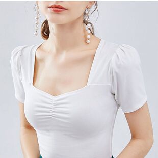 法式方领泡泡袖短袖T恤女修身百搭性感露锁骨小众褶皱短款上衣潮