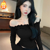 性感一字肩设计感荷叶边长袖 T恤女黑色露肩显瘦辣妹风上衣打底衫