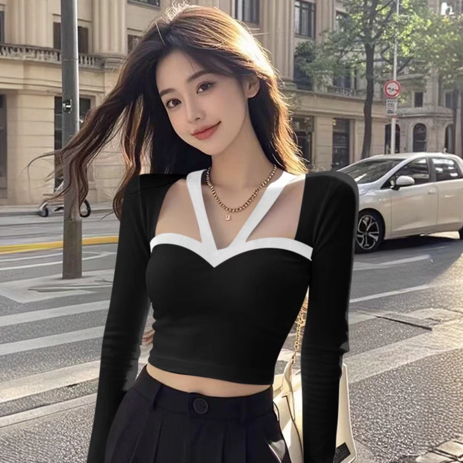 纯欲辣妹长袖T恤撞色挂脖上衣女