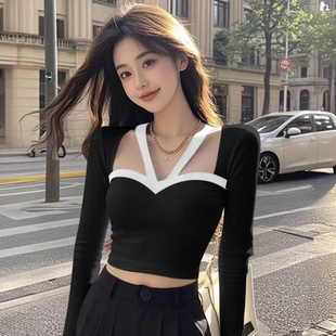 打底衫 純欲辣妹長(zhǎng)袖 T恤撞色掛脖上衣女春季 設(shè)計(jì)感小眾小個(gè)子短款