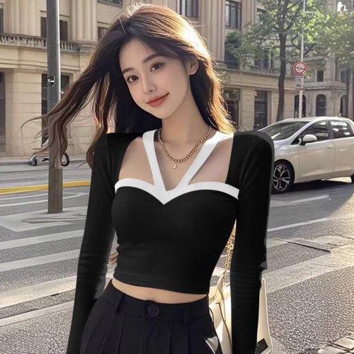 纯欲辣妹长袖T恤撞色挂脖上衣女