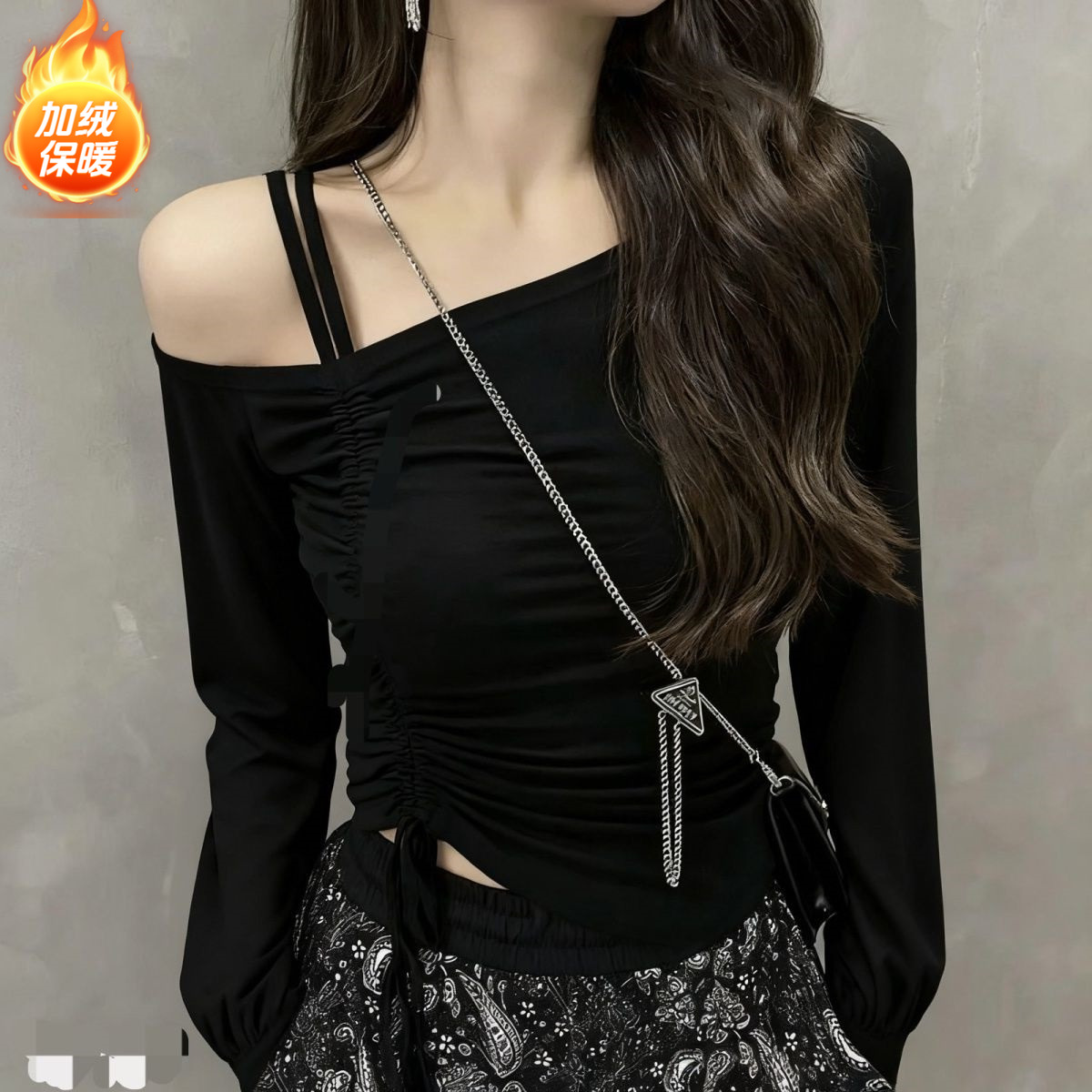 黑色长袖T恤女修身显瘦短款上衣