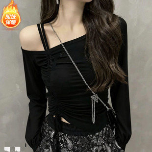 法式 T恤女秋冬小众辣妹收褶绑带显瘦上衣 气质斜领露肩不对称长袖