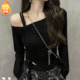 法式 气质斜领露肩不对称长袖 T恤女秋冬小众辣妹收褶绑带显瘦上衣