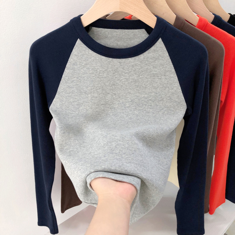 螺纹秋冬复古撞色插肩长袖T恤女