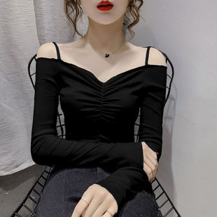 内搭打底衫 上衣女显瘦黑色t恤长袖 木耳边一字领性感露肩短款 春装