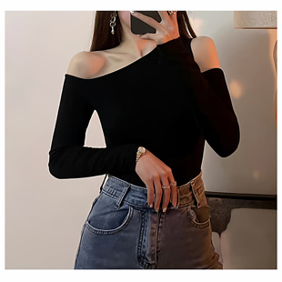 春秋新款黑色修身斜肩长袖T恤女露肩上衣设计感小众不规则打底衫