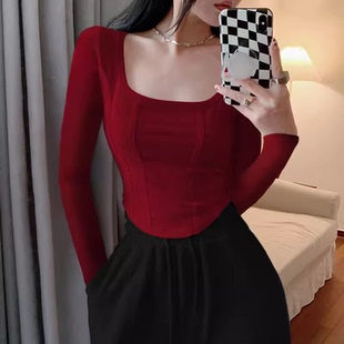 打底衫 美式 t恤女春酒红色辣妹上衣短款 长袖 鱼骨收腰纯欲内搭修身