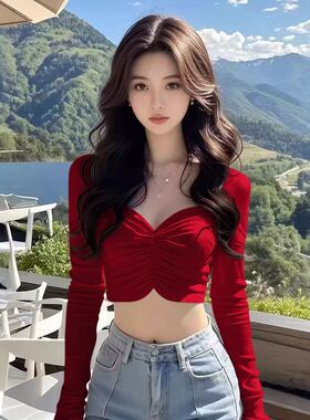 春装新款方领露脐V领褶皱长袖T恤女红色露脐修身短款设计感上衣潮
