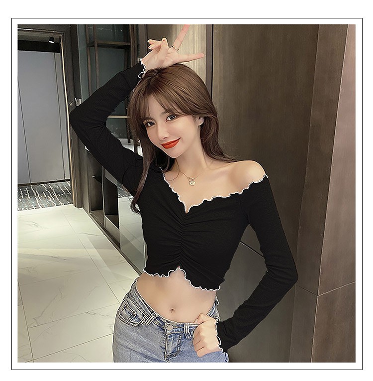 露脐一字肩性感露肩打底紧身t恤