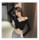 热辣欧美短款 上衣女辣妹长袖 小众锁骨一字肩性感露肩打底紧身t恤