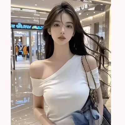 美式辣妹斜领短袖T恤女