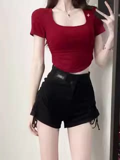 辣妹红色性感正肩方领短袖t恤女