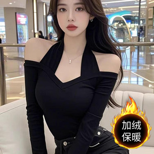 T恤女挂脖纯欲风短款 显瘦春秋露肩长袖 辣妹V领设计感不规则长袖