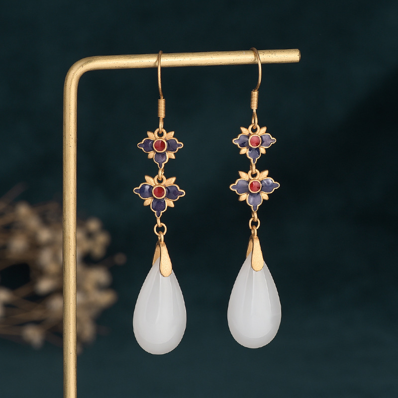 宫廷古风耳饰长款仿玉石民族风珐琅流苏配古装汉服配旗袍复古耳坠