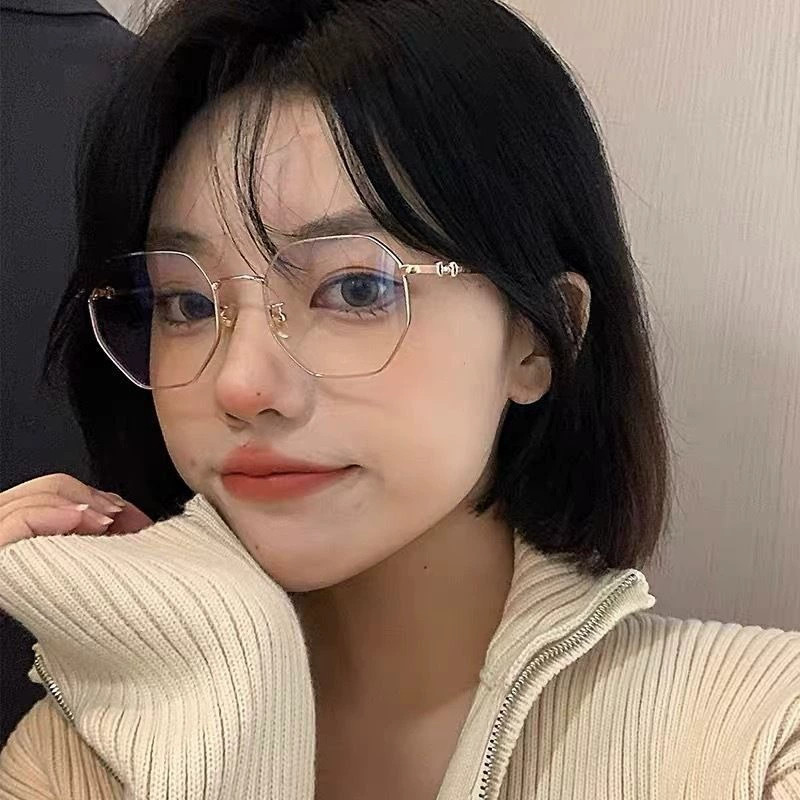 韩系大框防蓝光镜女金色多边形眼镜框高颜值素颜可带瘦脸潮平光镜