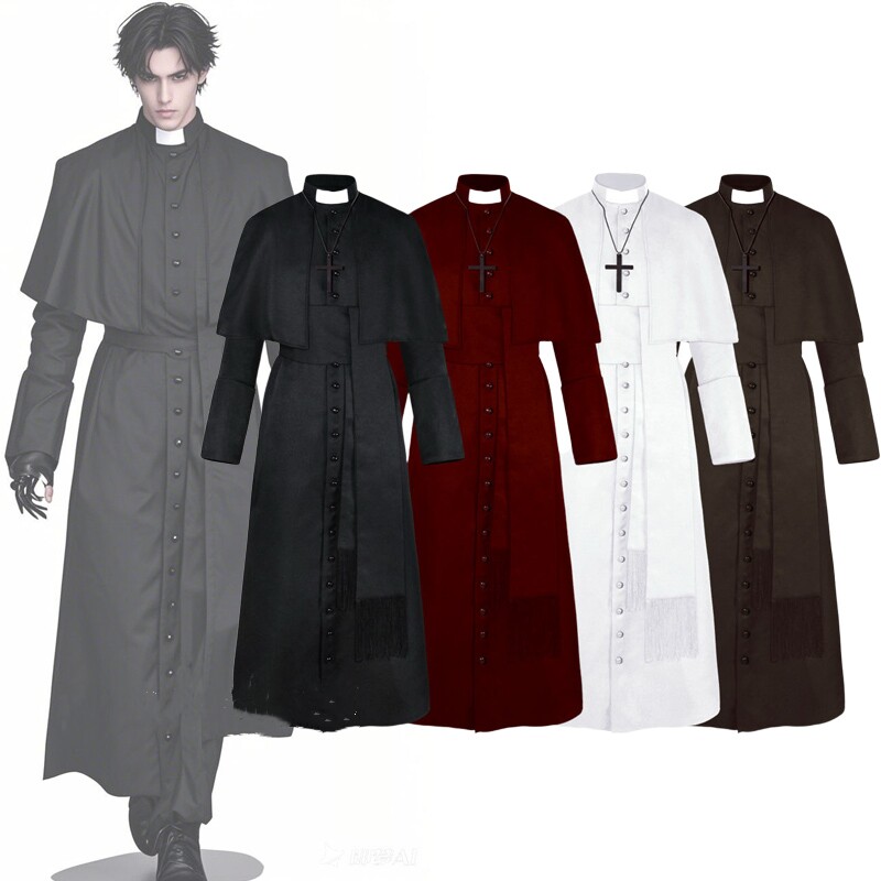中世纪复古牧师演出服万圣节成人cos神父披肩长袍纯色修道院制服