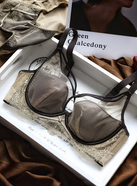 日系性感网纱薄杯蚕丝莫代尔文胸罩防下垂软钢圈内衣套装大胸显小