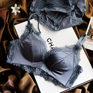 无钢圈小胸高档绸缎舒适平胸内衣裤 调整型聚拢文胸罩复古无痕 时尚